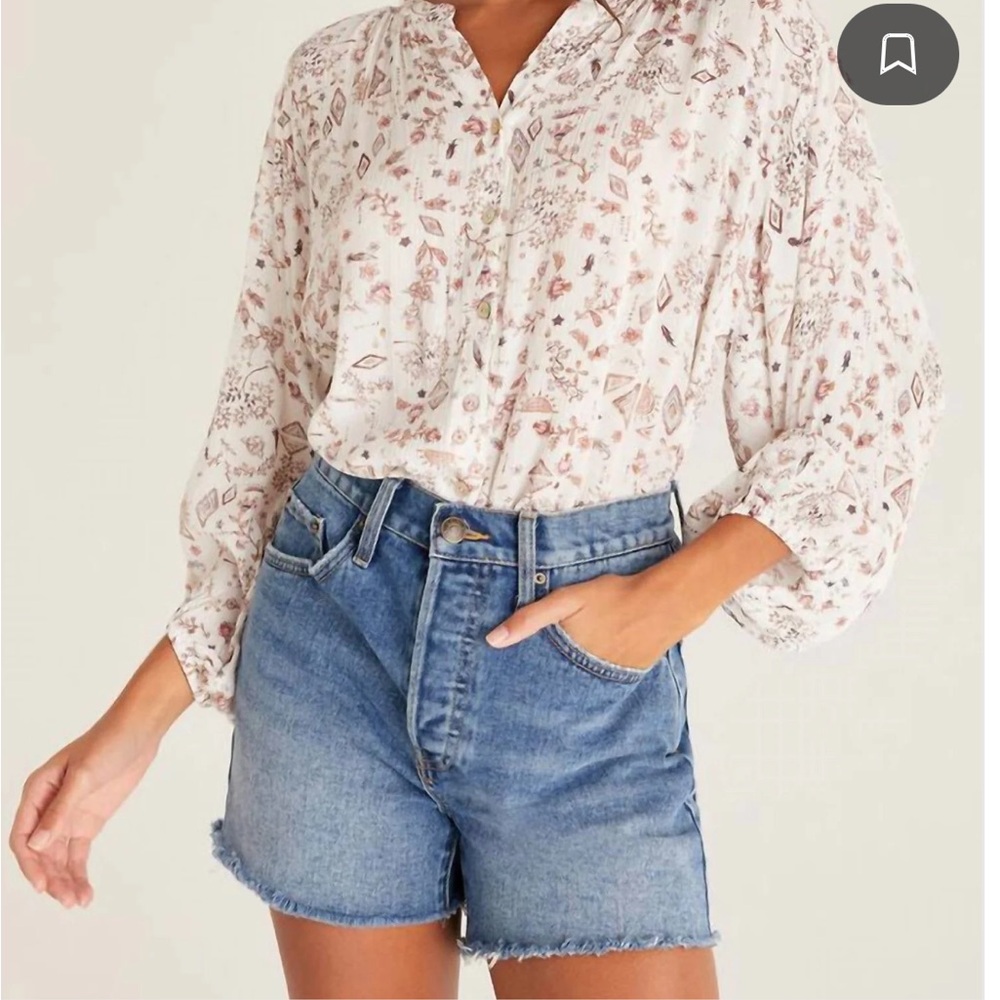 NWT Z Supply White and Brown Button “Kiya” Folk Button Down Shirt - Picture 2 of 9